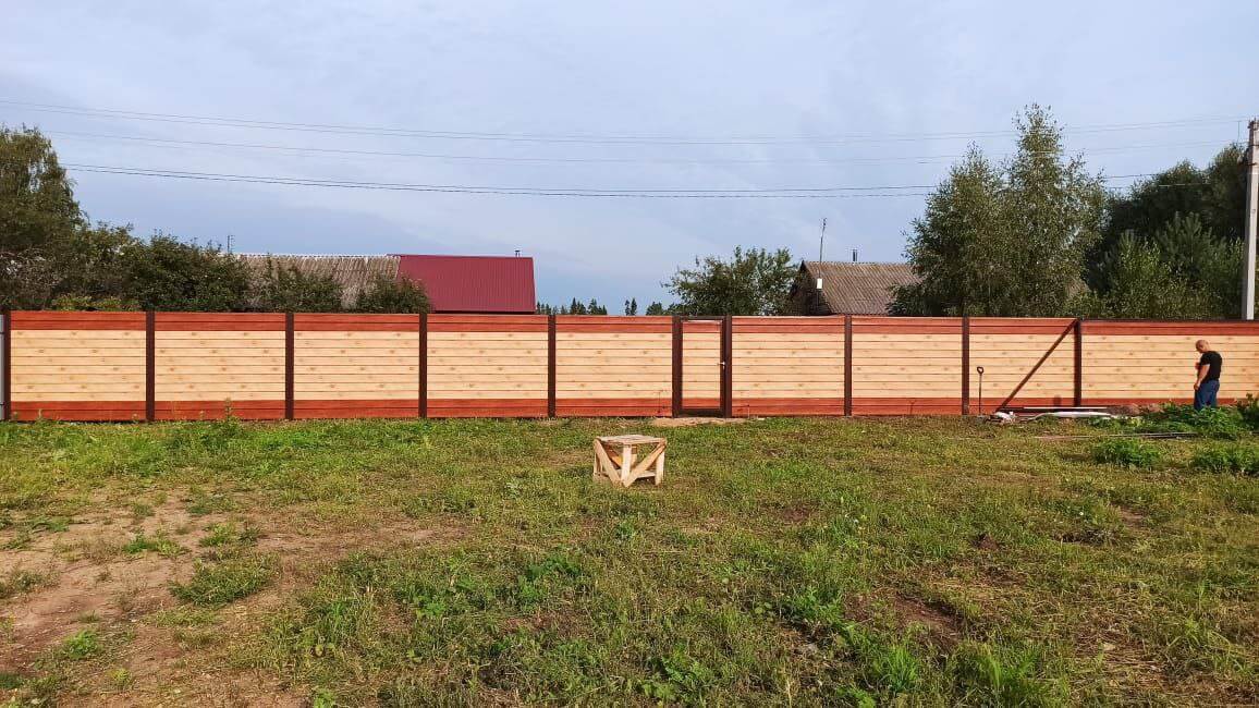 Забор из металлосайдинга Евро-Брус 34м Клен Светлый (SteelArt) + Темное Дерево (Printech) фото 2 в Казахстане